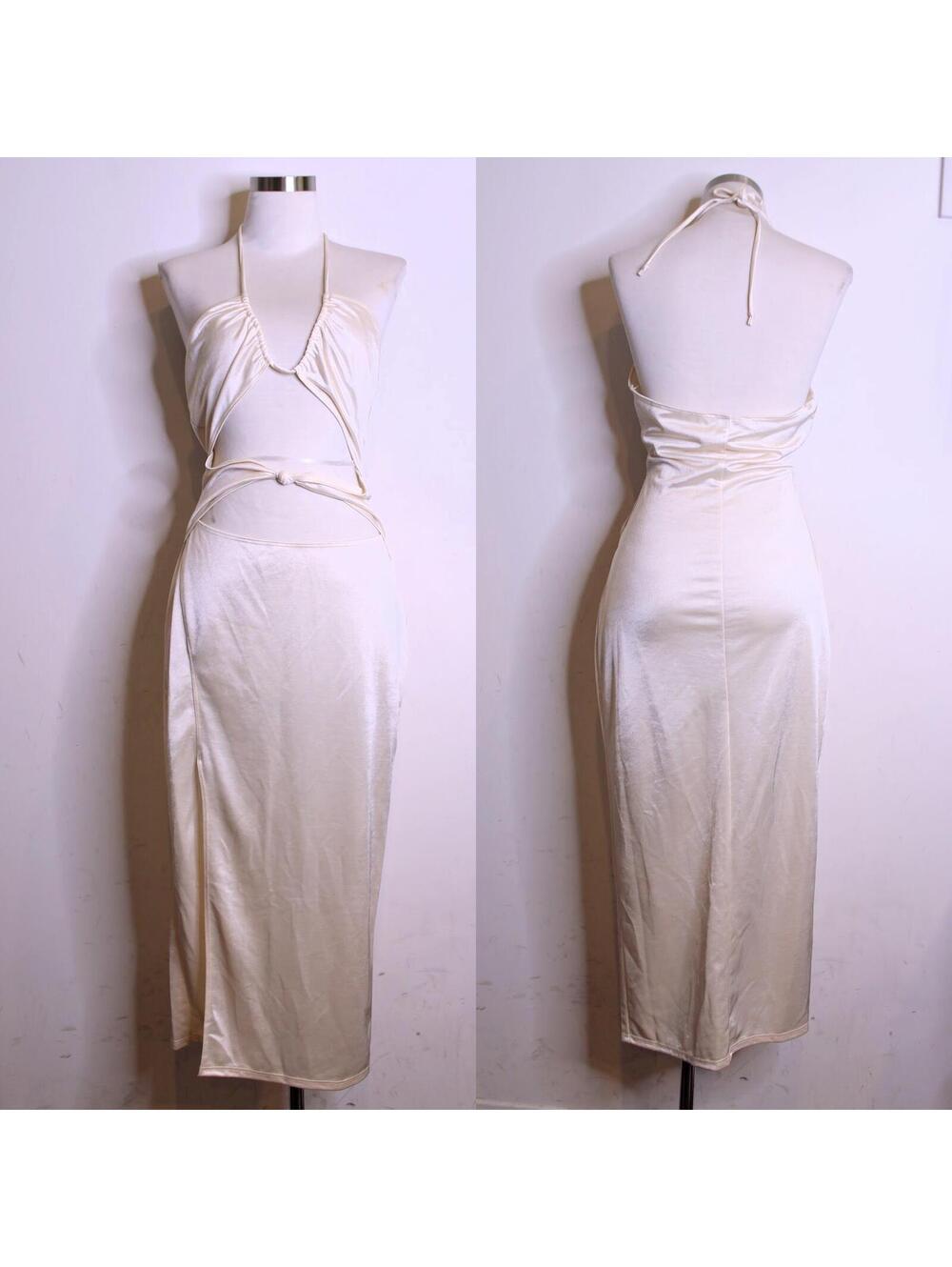 Champagne Cream Satin Cutout Halter Slip Dress - Medium